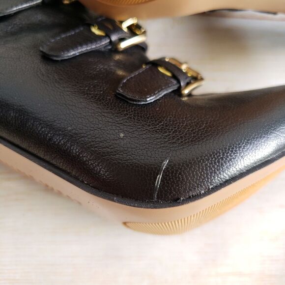 Nine West Leather Mohawkit Peep Toe Heeled Ankle Boots Booties Buckle Black 8M - Picture 16 of 16